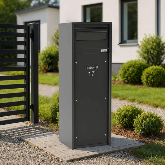 Free Standing Outdoor Parcel Box – Nikolai – Black – Side View - Background