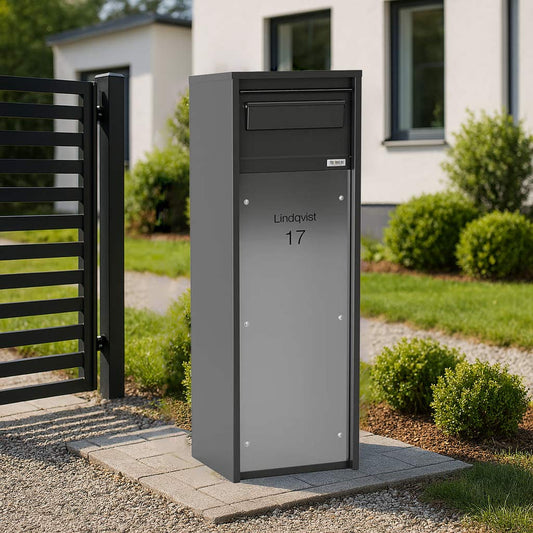 Free Standing Outdoor Parcel Box – Nikolai – Stainless Steel – Side View - Background