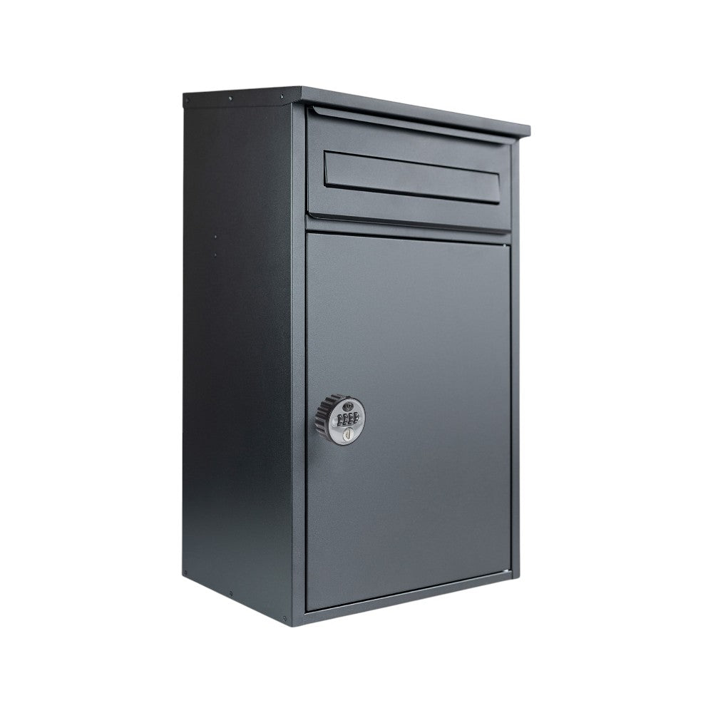 Secure Lockable Outdoor Wall Mounted Parcel Box - Woodpecker in Dark Grey Anthracite - Combination Lock Variant