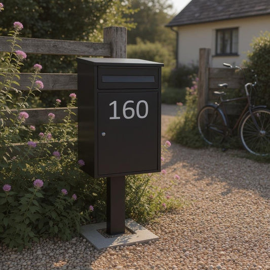Secure Weather-Resistant Free Standing Parcel Box Front Access – Woodpecker in Black with Black FR-2 Stand – Personalised