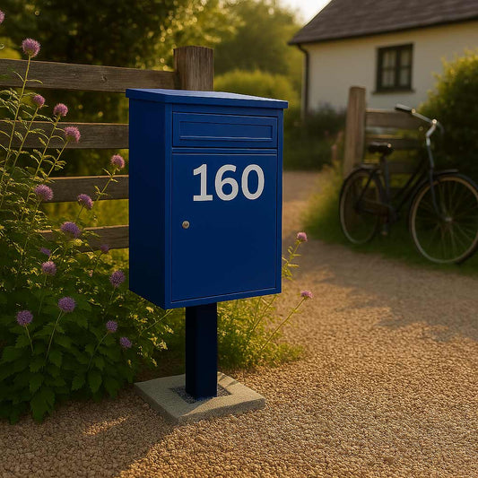 Secure Weather-Resistant Free Standing Parcel Box Front Access – Woodpecker in Black with Black FR-2 Stand – Personalised