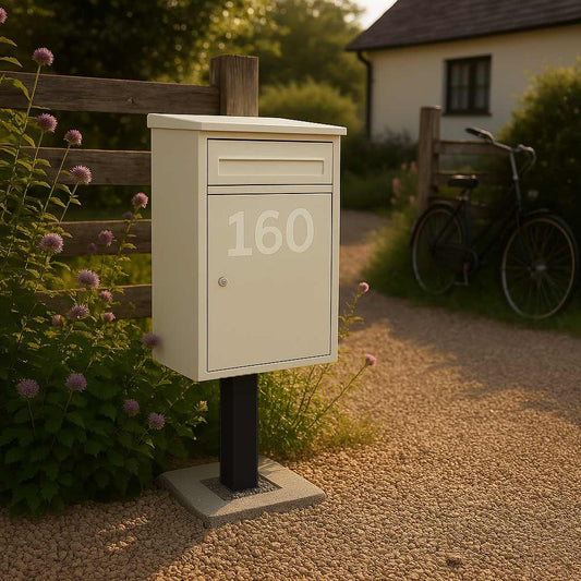 Secure Weather-Resistant Free Standing Parcel Box Front Access – Woodpecker in Black with Black FR-2 Stand – Personalised