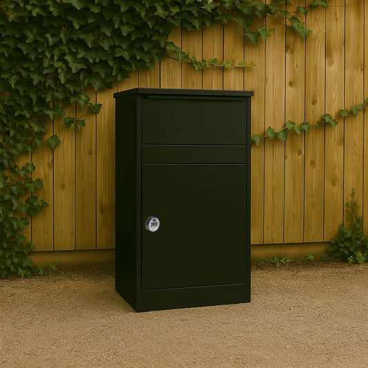 Large Outdoor Free Standing Parcel Box for Home With Combination Lock – Buzzard – Front Access – Black