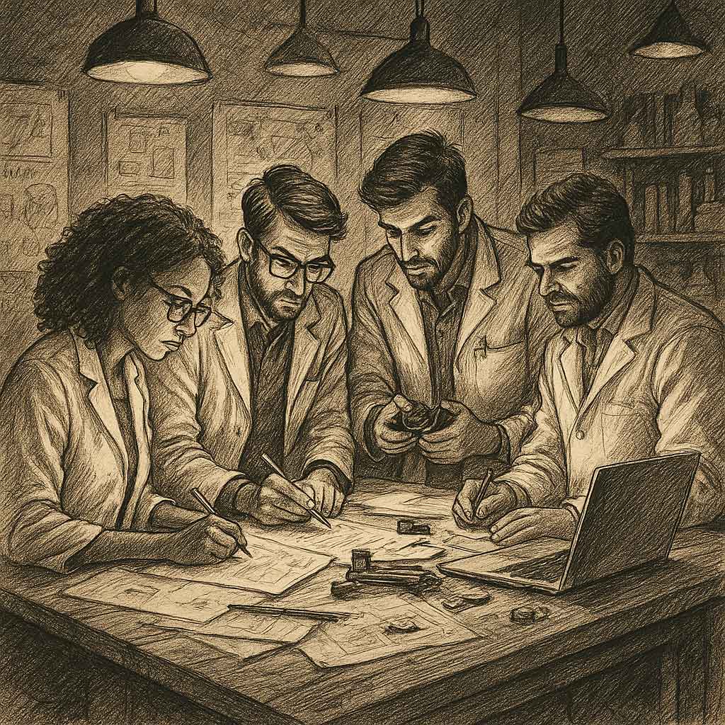 A group of four people, working together at a desk covered in papers and a laptop computer.