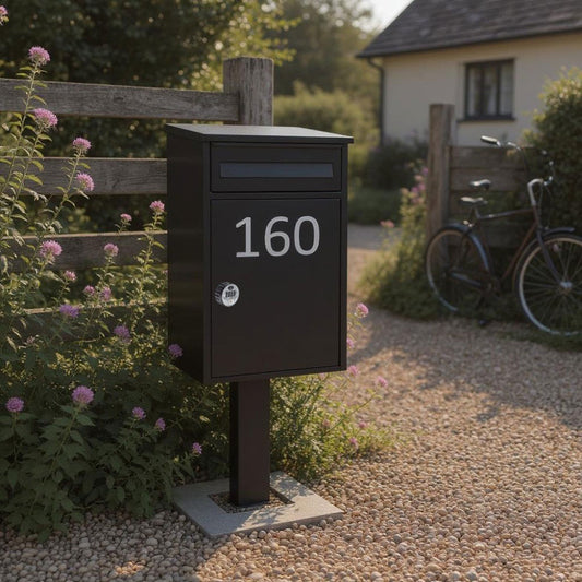 Secure Weather-Resistant Free Standing Parcel Box Front Access – Woodpecker in Black with Black FR-2 Stand – Personalised 2