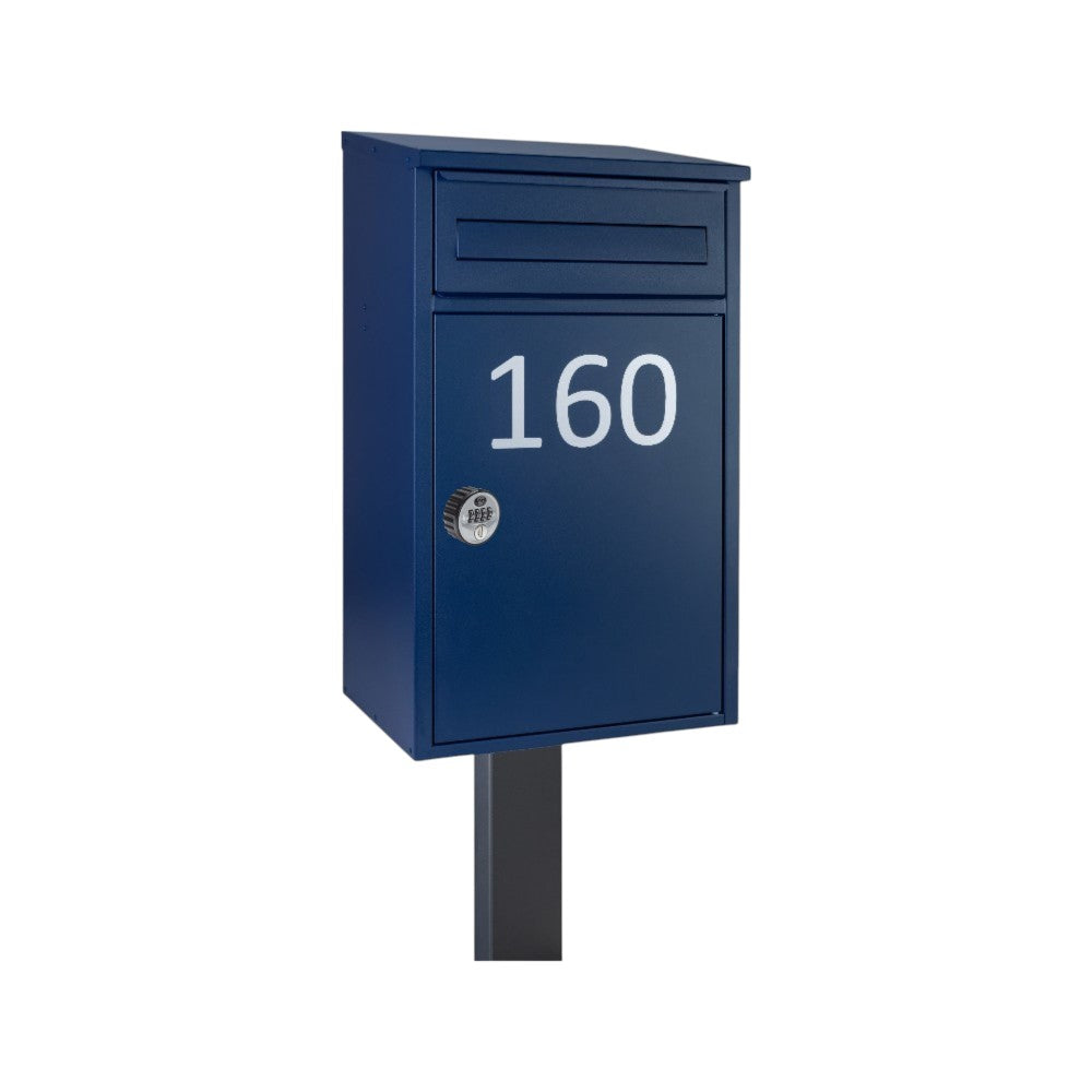 Secure Lockable Outdoor Free Standing Parcel Box – Woodpecker in Oxford Blue – Combination Lock and FR-2 Stand Dark Grey Variant