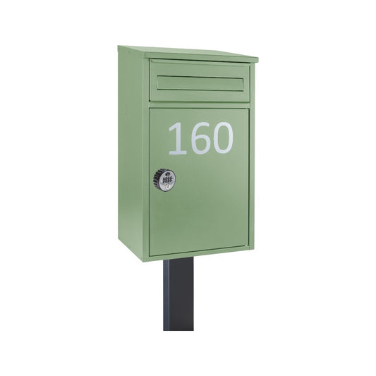 Secure Lockable Outdoor Free Standing Parcel Box – Woodpecker in Pale Green – Combination Lock and FR-2 Stand Dark Grey Variant