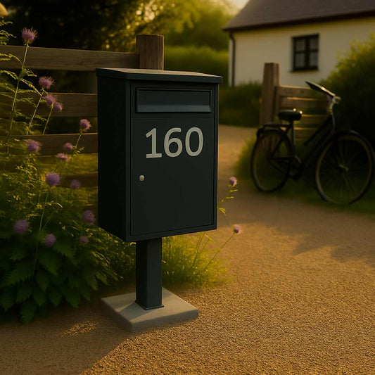 Secure Weather-Resistant Free Standing Parcel Box Front Access – Woodpecker in Grey with Black FR-2 Stand – Personalised