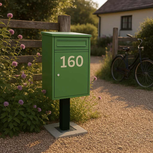 Secure Weather-Resistant Free Standing Parcel Box Front Access – Woodpecker in Page Green with Black FR-2 Stand – Personalised