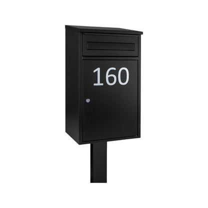 Secured Outdoor Free Standing Parcel Box – Woodpecker Black Personalised with Black FR-2 Stand (1)
