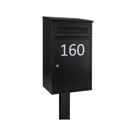 Secured Outdoor Free Standing Parcel Box – Woodpecker Black Personalised with Black FR-2 Stand (1)