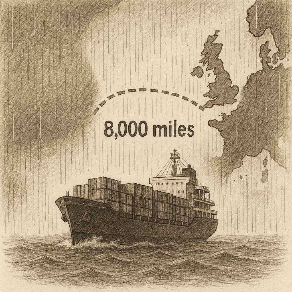 A cargo ship sailing across the open ocean, with the text "8,000 miles" displayed above it.