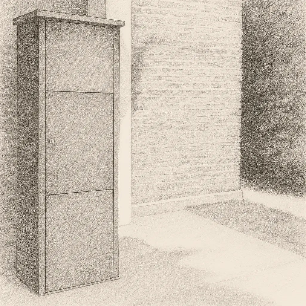 external free-standing parcel box goldcrest pencil drawing 