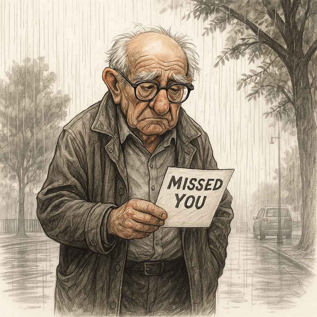 An elderly man holding a "Missed You" sign stands alone in the rain, his expression conveying deep loneliness and longing.